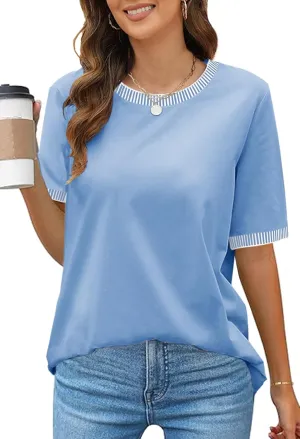MEROKEETY Women's 2025 Short Sleeve Striped Color Block T Shirts Crewneck Loose Casual Tee Tops