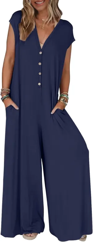 MEROKEETY Women's 2025 Summer Cap Sleeve Jumpsuits Deep V Neck Button Onesie Wide Leg Pants Rompers