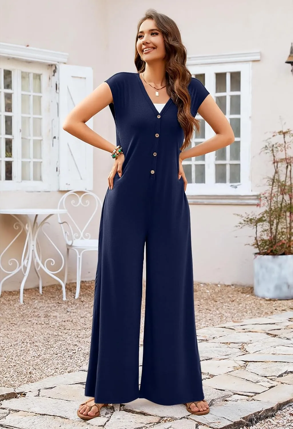 MEROKEETY Women's 2025 Summer Cap Sleeve Jumpsuits Deep V Neck Button Onesie Wide Leg Pants Rompers
