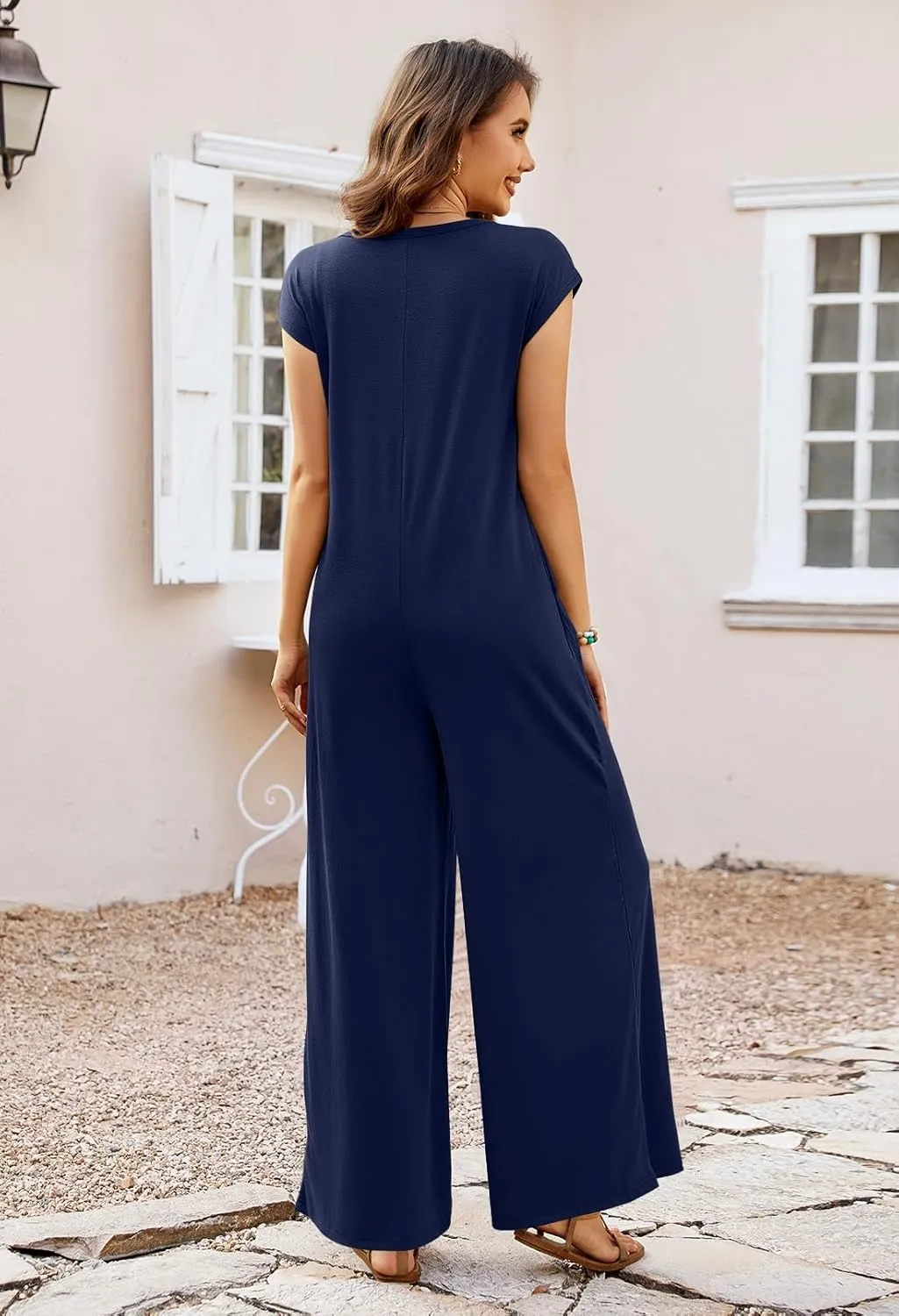 MEROKEETY Women's 2025 Summer Cap Sleeve Jumpsuits Deep V Neck Button Onesie Wide Leg Pants Rompers