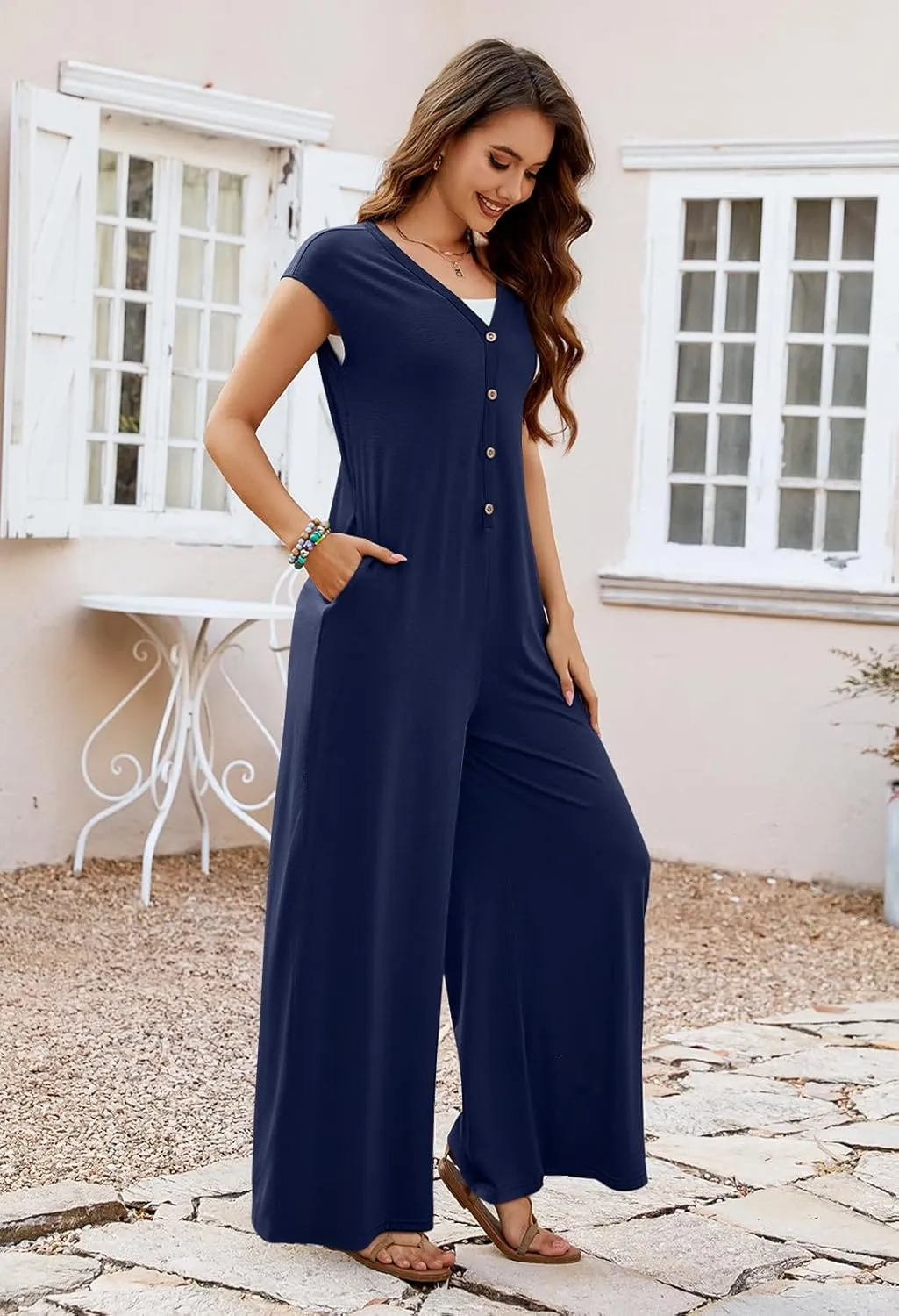 MEROKEETY Women's 2025 Summer Cap Sleeve Jumpsuits Deep V Neck Button Onesie Wide Leg Pants Rompers