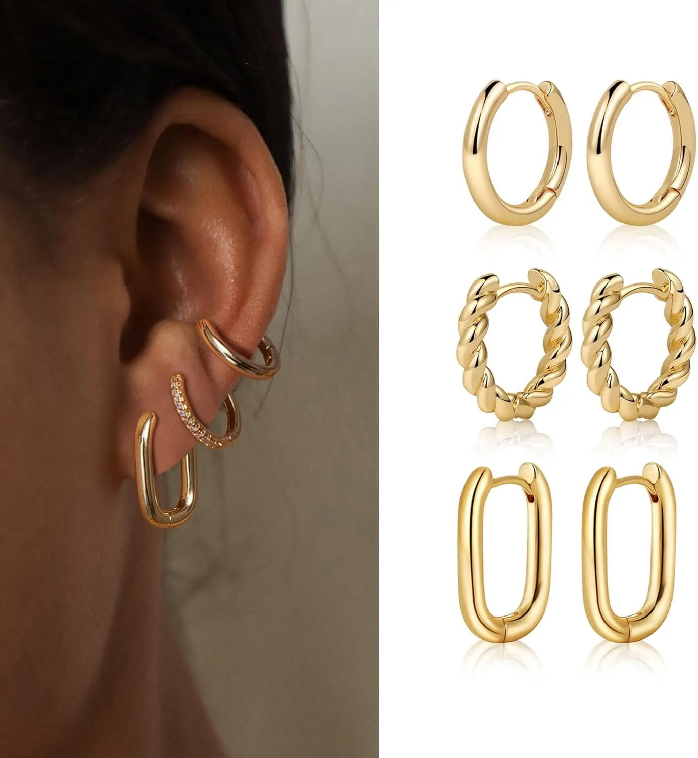 MIDEEO Gold/Silver Hoop Earrings for Women, 14K Gold Plated Twisted Huggie Hoop Earrings Hypoallergenic Thick Open Lightweight Chunky Hoop Earrings Jewelry for Gifts