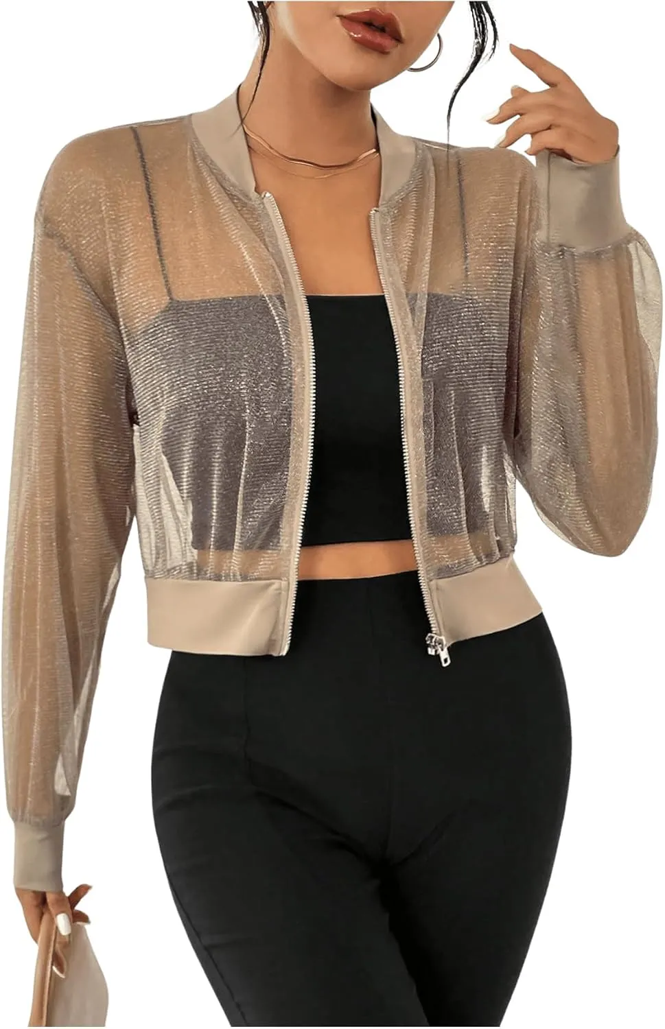 Milumia Women's Sparkly Sheer Mesh Long Sleeve Crop Jacket Light Weigh Zip Up Outwear