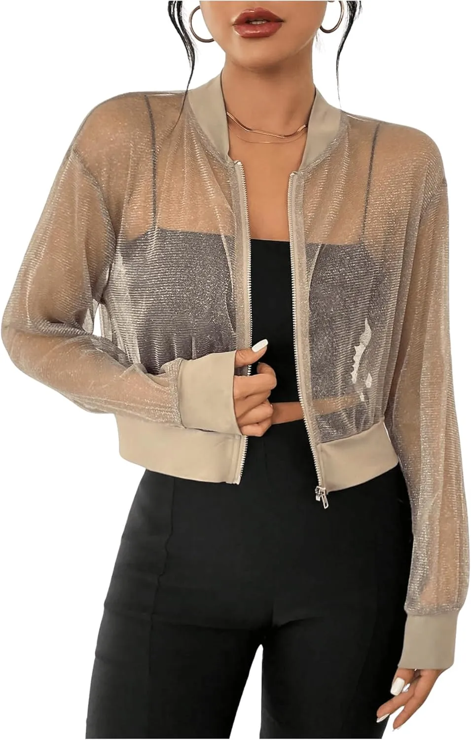 Milumia Women's Sparkly Sheer Mesh Long Sleeve Crop Jacket Light Weigh Zip Up Outwear