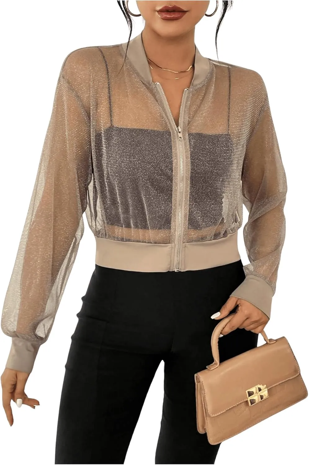 Milumia Women's Sparkly Sheer Mesh Long Sleeve Crop Jacket Light Weigh Zip Up Outwear
