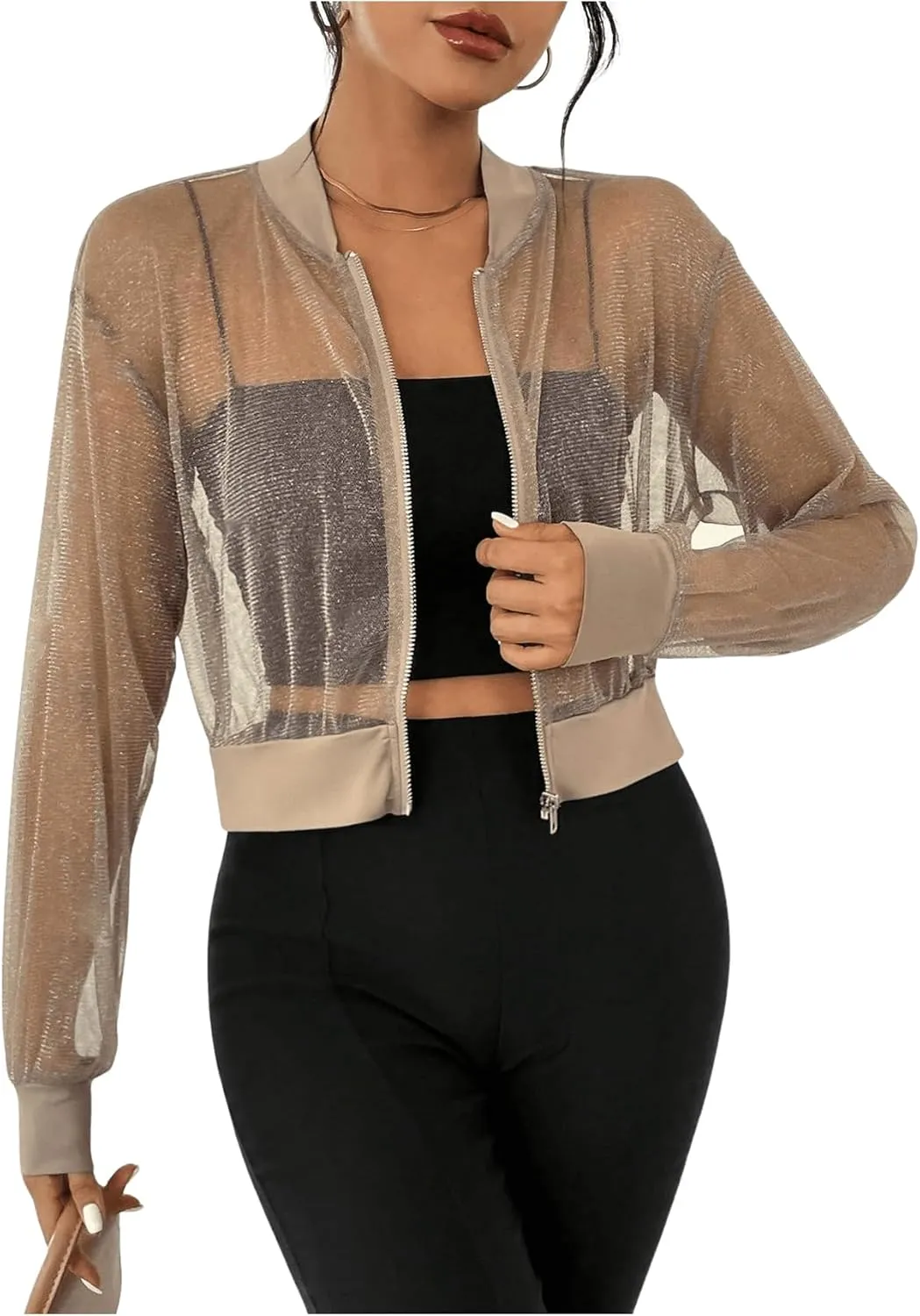 Milumia Women's Sparkly Sheer Mesh Long Sleeve Crop Jacket Light Weigh Zip Up Outwear