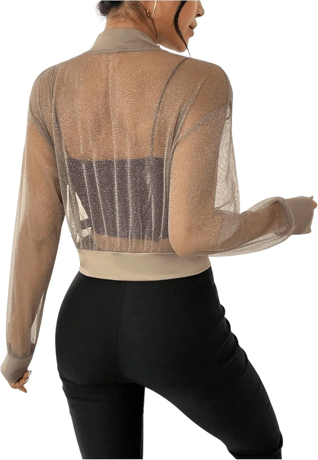 Milumia Women's Sparkly Sheer Mesh Long Sleeve Crop Jacket Light Weigh Zip Up Outwear