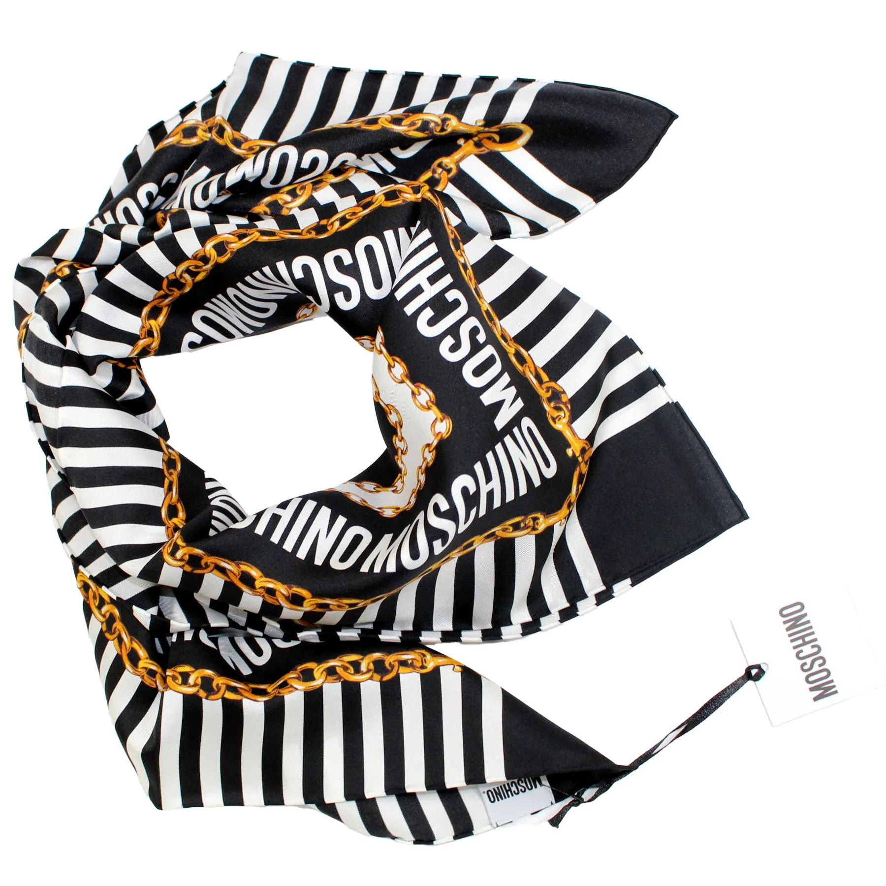 Moschino Scarf Black White Logo Design - Large Square Silk Foulard