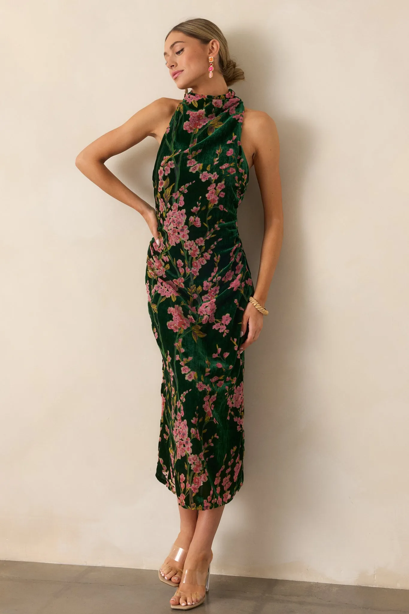 Never Better Emerald Green Floral Halter Maxi Dress