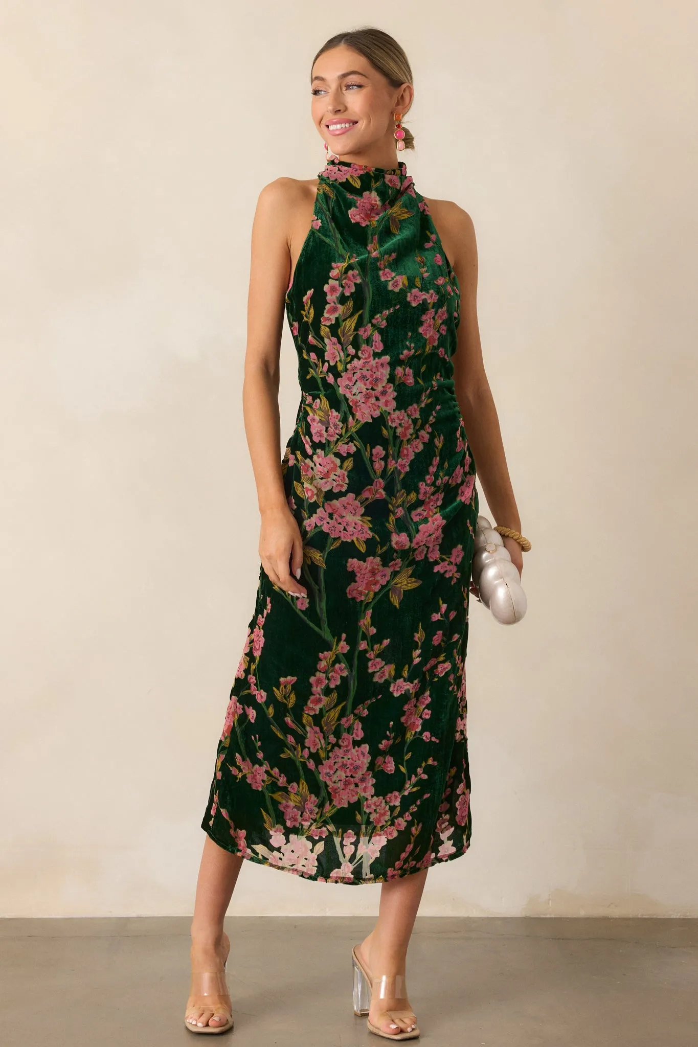 Never Better Emerald Green Floral Halter Maxi Dress