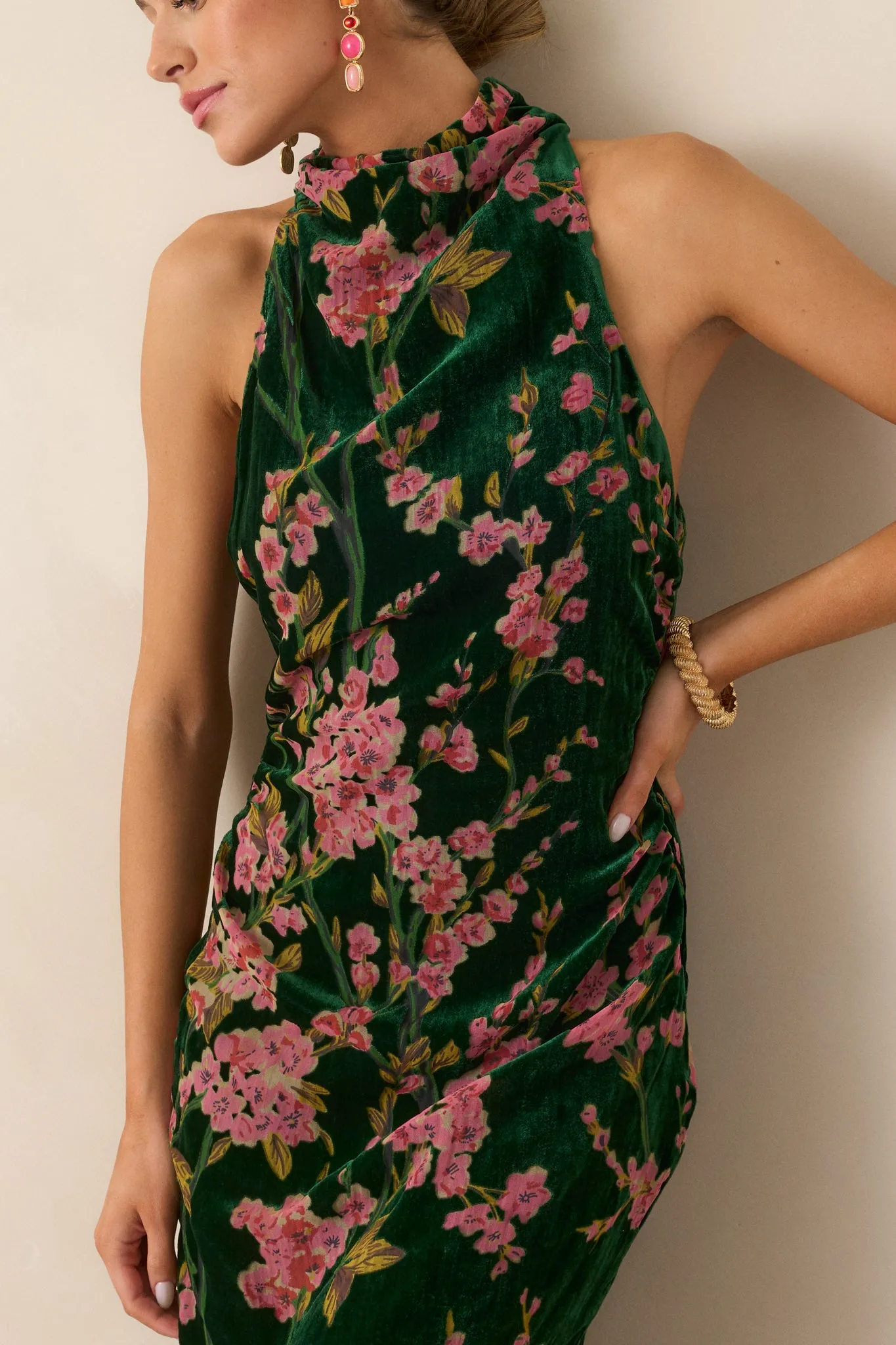 Never Better Emerald Green Floral Halter Maxi Dress