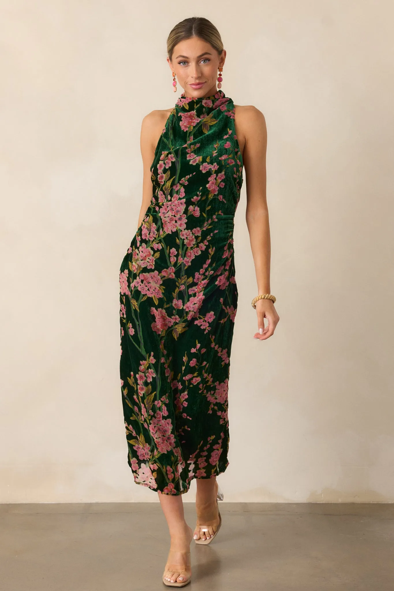 Never Better Emerald Green Floral Halter Maxi Dress