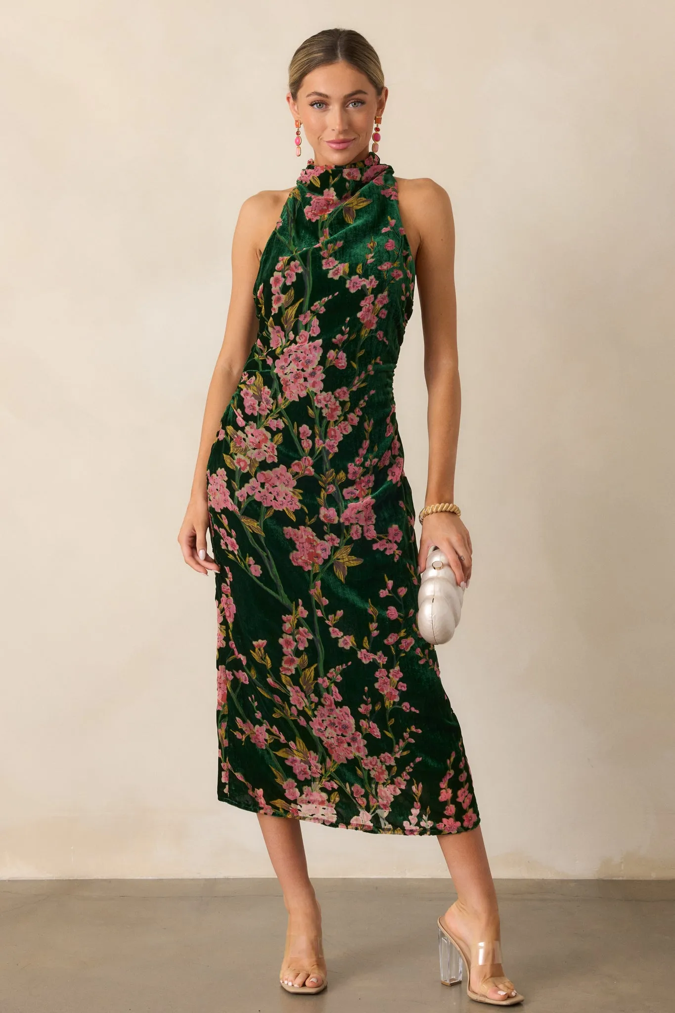 Never Better Emerald Green Floral Halter Maxi Dress