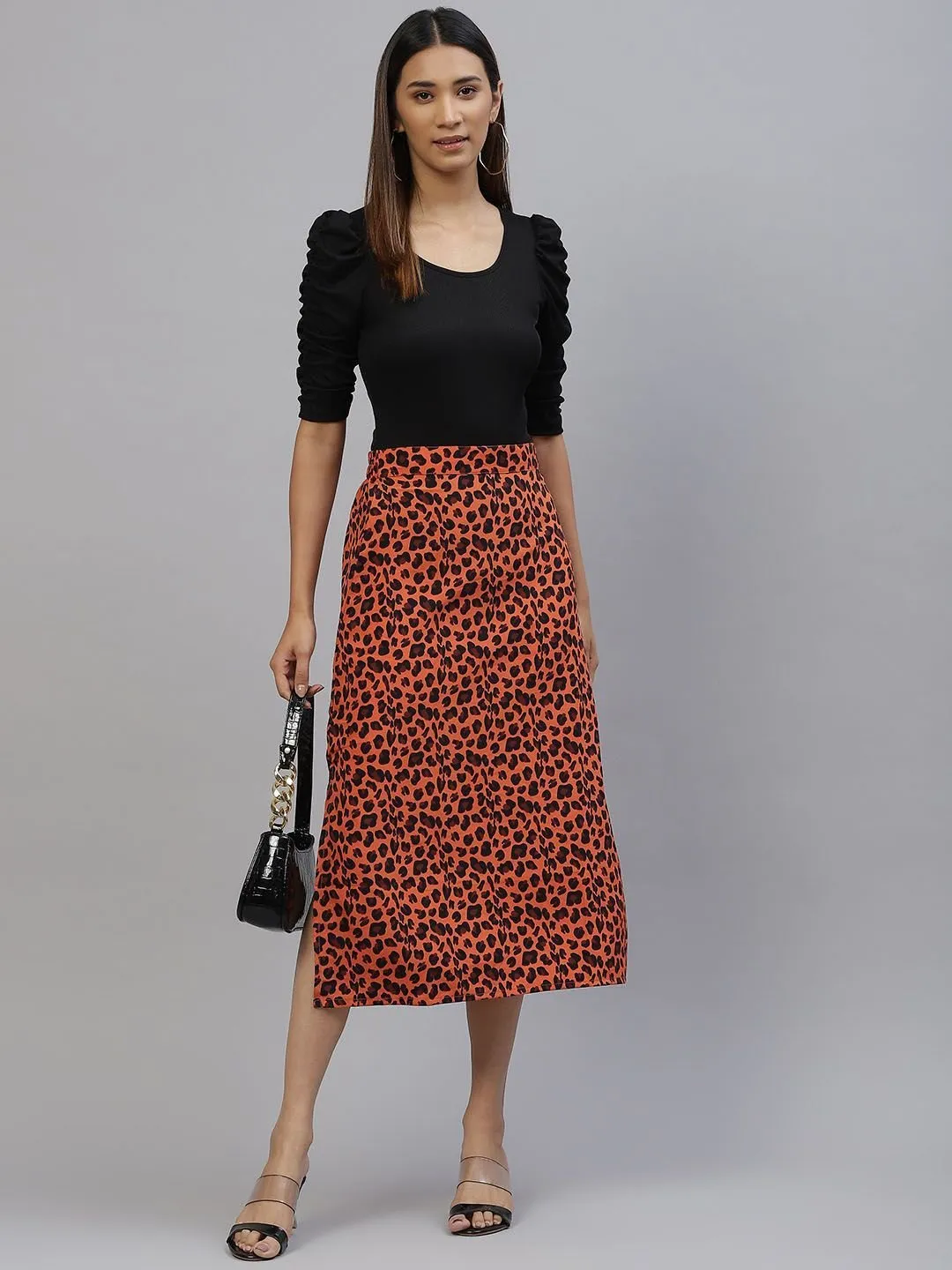plusS Women Orange  Black Animal Printed A-Line Midi Skirt