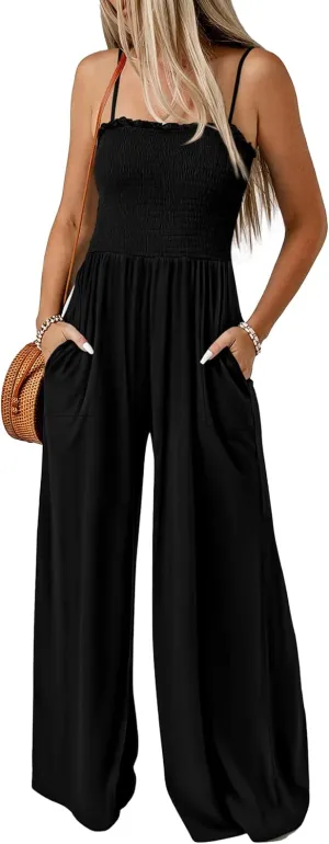 PRETTYGARDEN Women's Summer Jumpsuits Dressy Casual One Piece Outfits Linen Smocked Spaghetti Strap Pockets Wide Leg Rompers