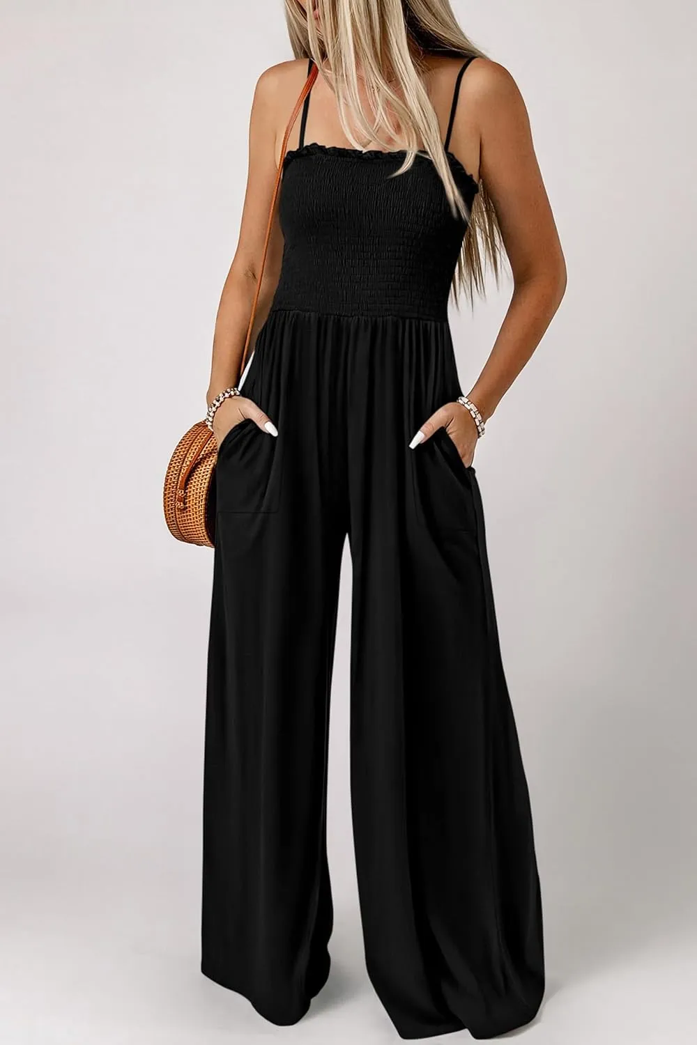 PRETTYGARDEN Women's Summer Jumpsuits Dressy Casual One Piece Outfits Linen Smocked Spaghetti Strap Pockets Wide Leg Rompers