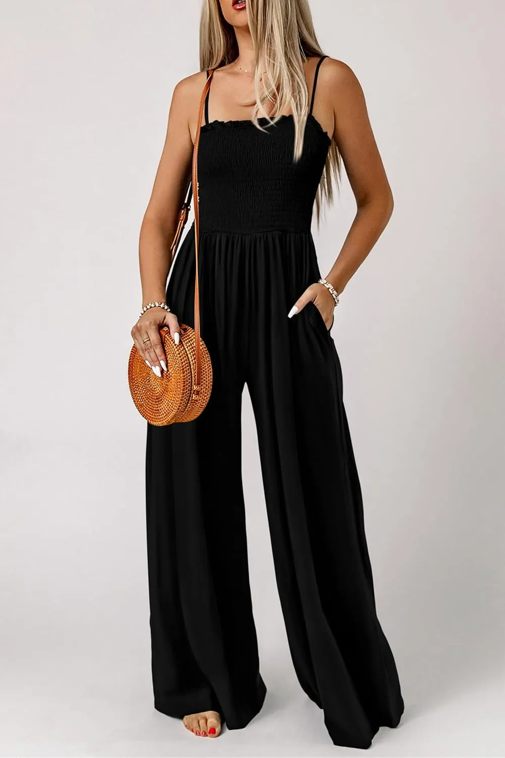 PRETTYGARDEN Women's Summer Jumpsuits Dressy Casual One Piece Outfits Linen Smocked Spaghetti Strap Pockets Wide Leg Rompers
