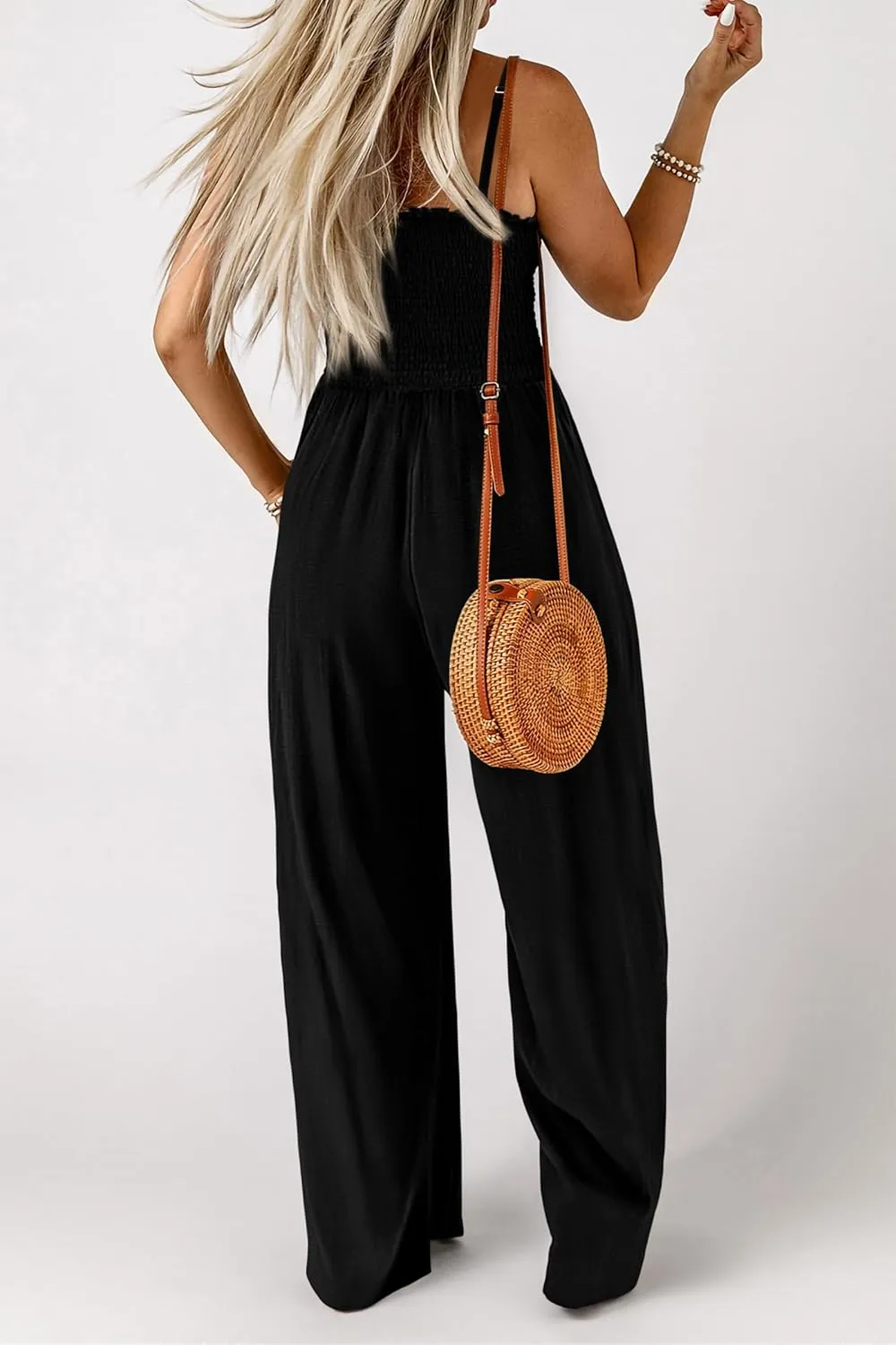 PRETTYGARDEN Women's Summer Jumpsuits Dressy Casual One Piece Outfits Linen Smocked Spaghetti Strap Pockets Wide Leg Rompers