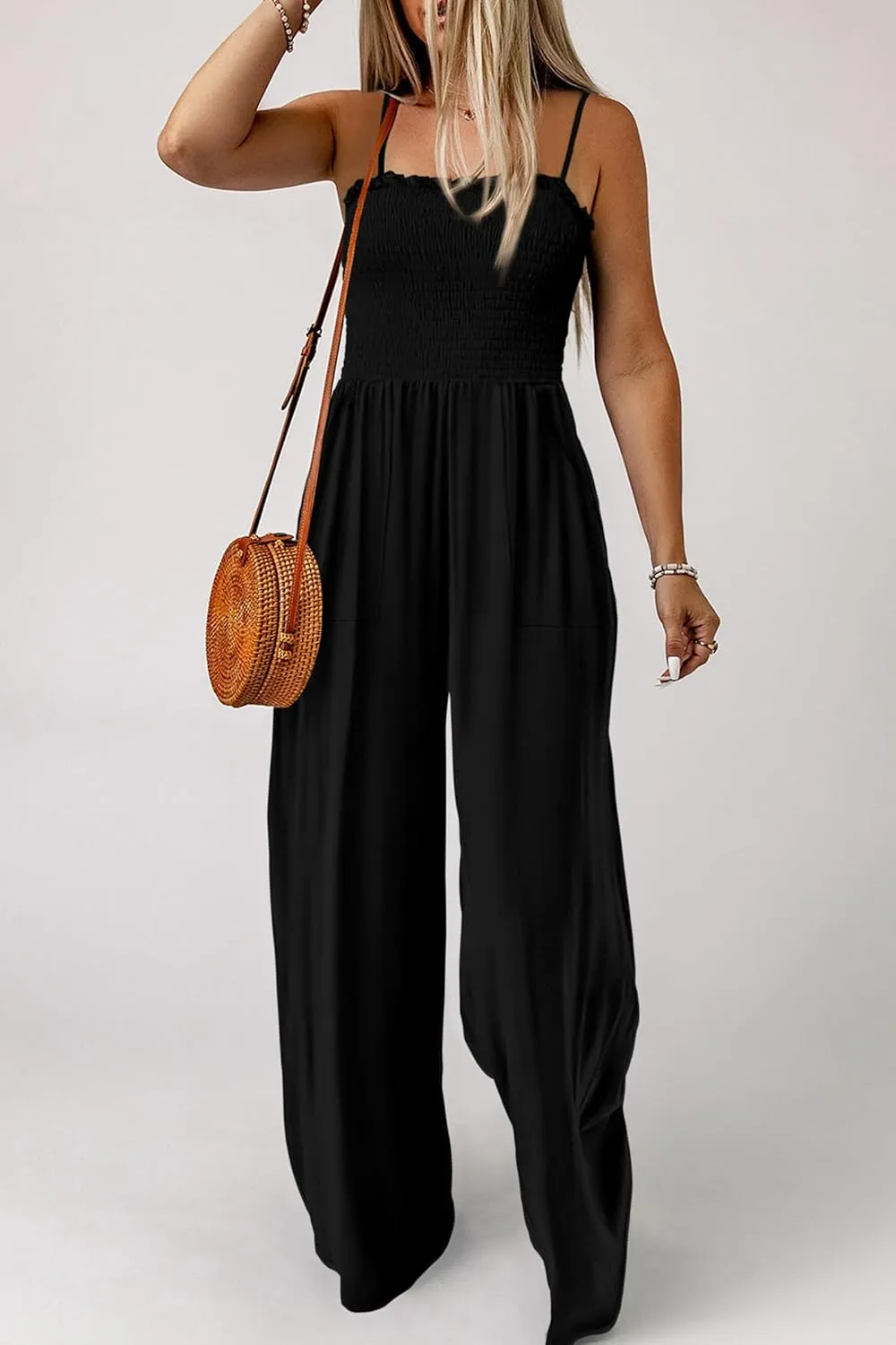 PRETTYGARDEN Women's Summer Jumpsuits Dressy Casual One Piece Outfits Linen Smocked Spaghetti Strap Pockets Wide Leg Rompers