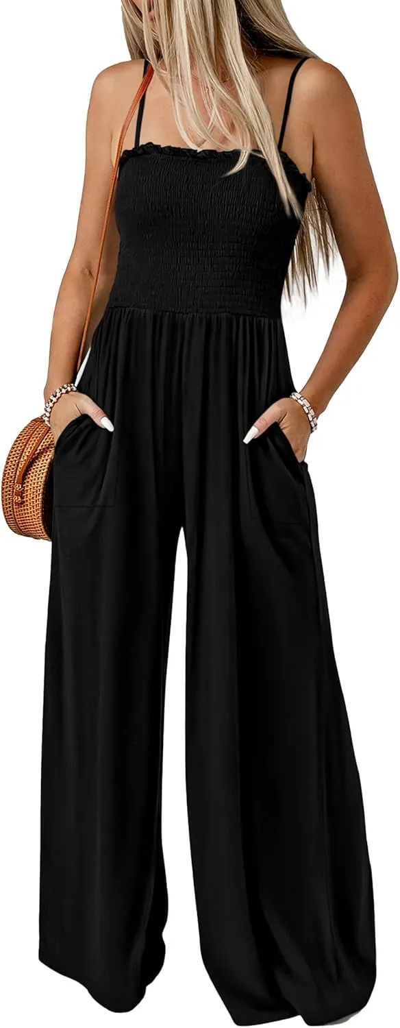 PRETTYGARDEN Women's Summer Jumpsuits Dressy Casual One Piece Outfits Linen Smocked Spaghetti Strap Pockets Wide Leg Rompers