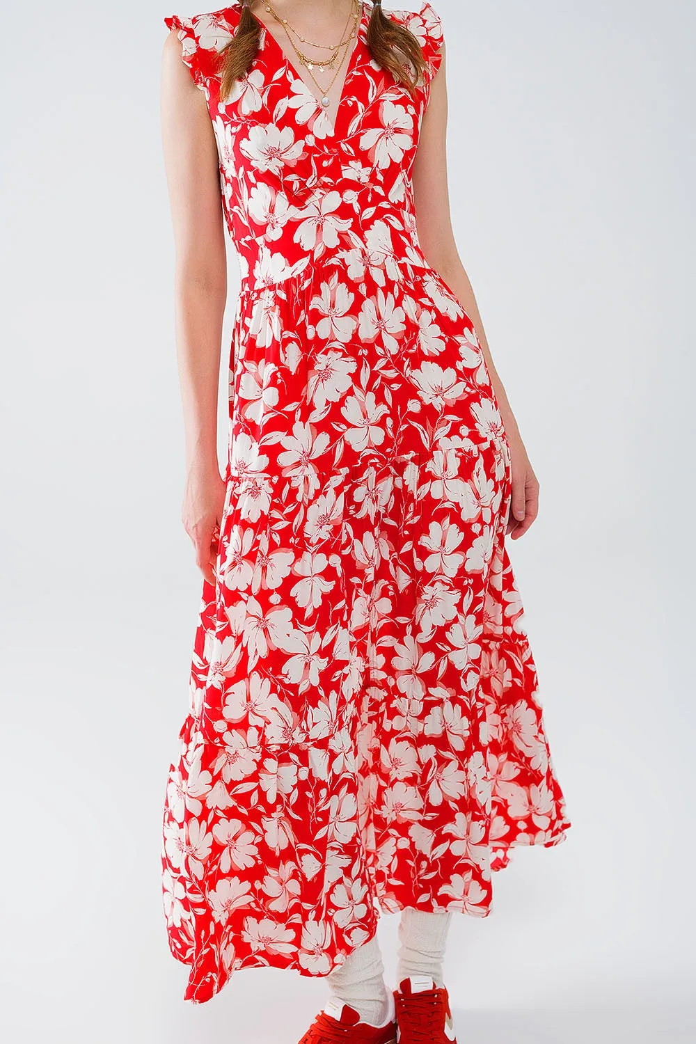 Red maxi dress with floral print and V-neck
