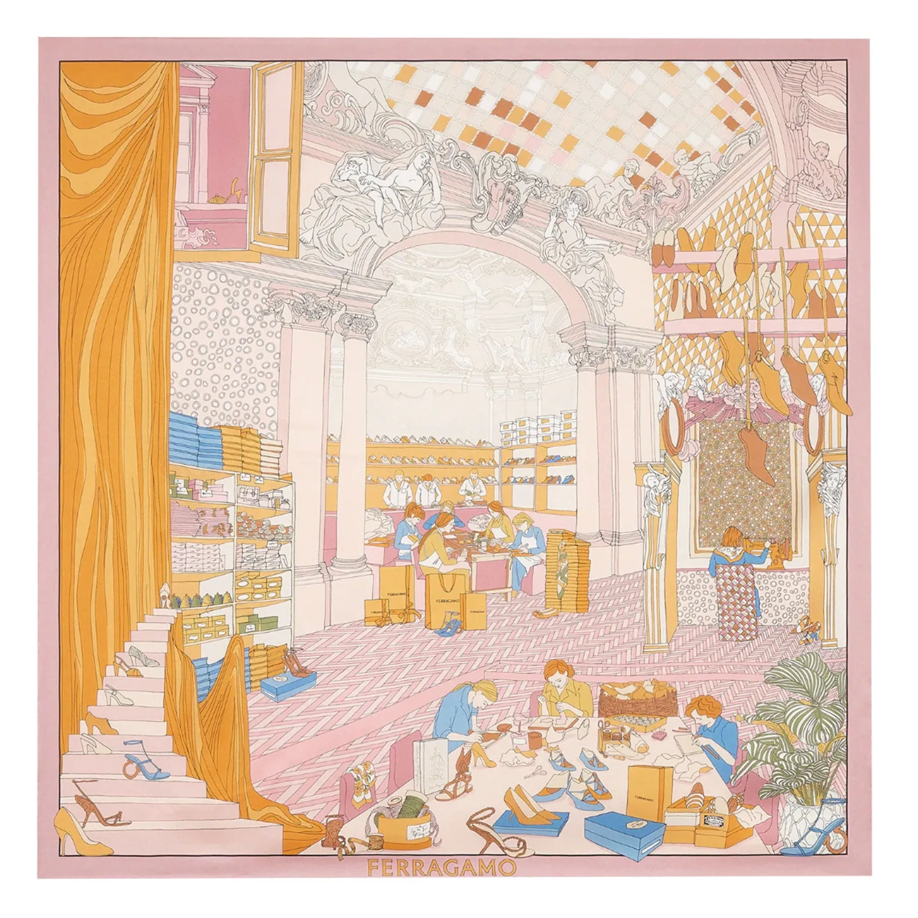 Salvatore Ferragamo Scarf Blue Pink Atelier Design - Twill Silk Foulard - New Collection SALE