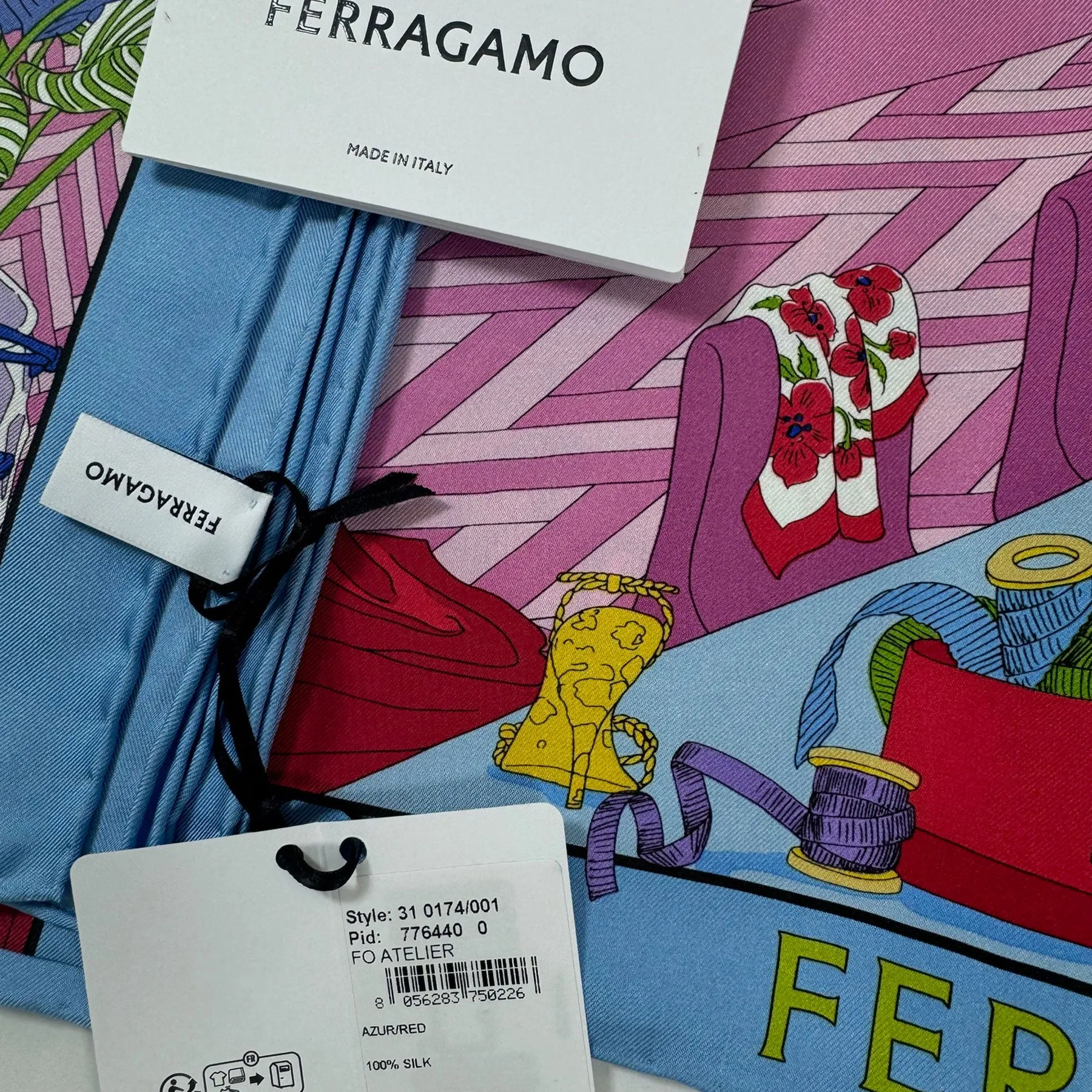 Salvatore Ferragamo Scarf Blue Pink Atelier Design - Twill Silk Foulard - New Collection SALE