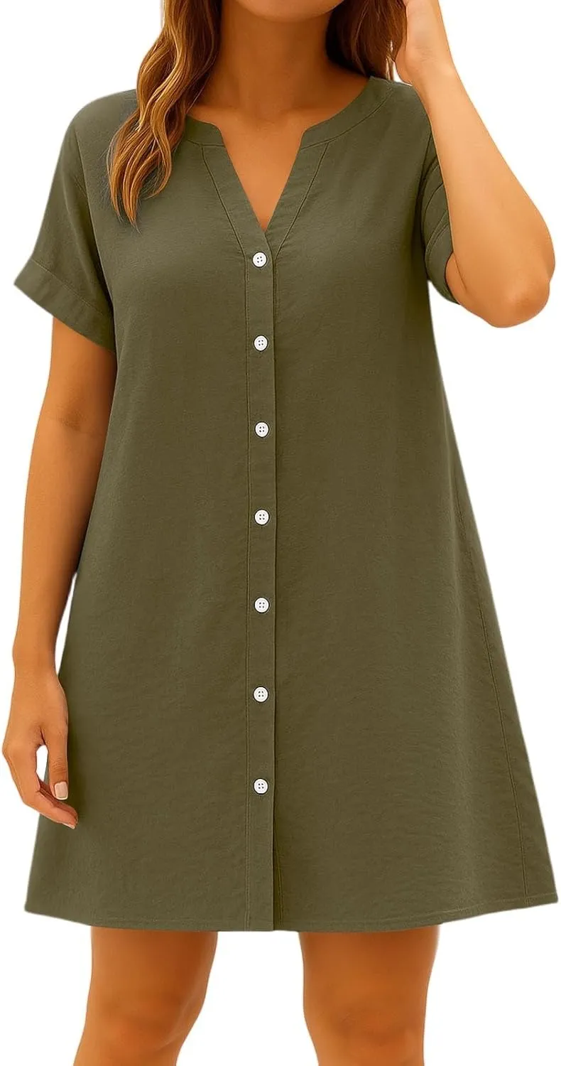 Summer Dresses for Women 2025 Cotton Linen Dressy Casual Mini Dress Short Sleeve Plus Size Bohemian Sundress