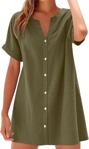 Summer Dresses for Women 2025 Cotton Linen Dressy Casual Mini Dress Short Sleeve Plus Size Bohemian Sundress