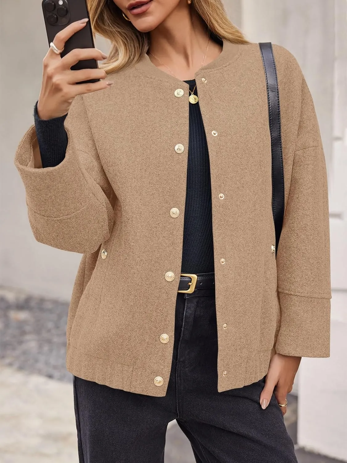 Tankaneo Womens Oversized Wool Blend Bomber Jacket Cropped Button Up Pea Coats Fall Winter Varsity Jackets