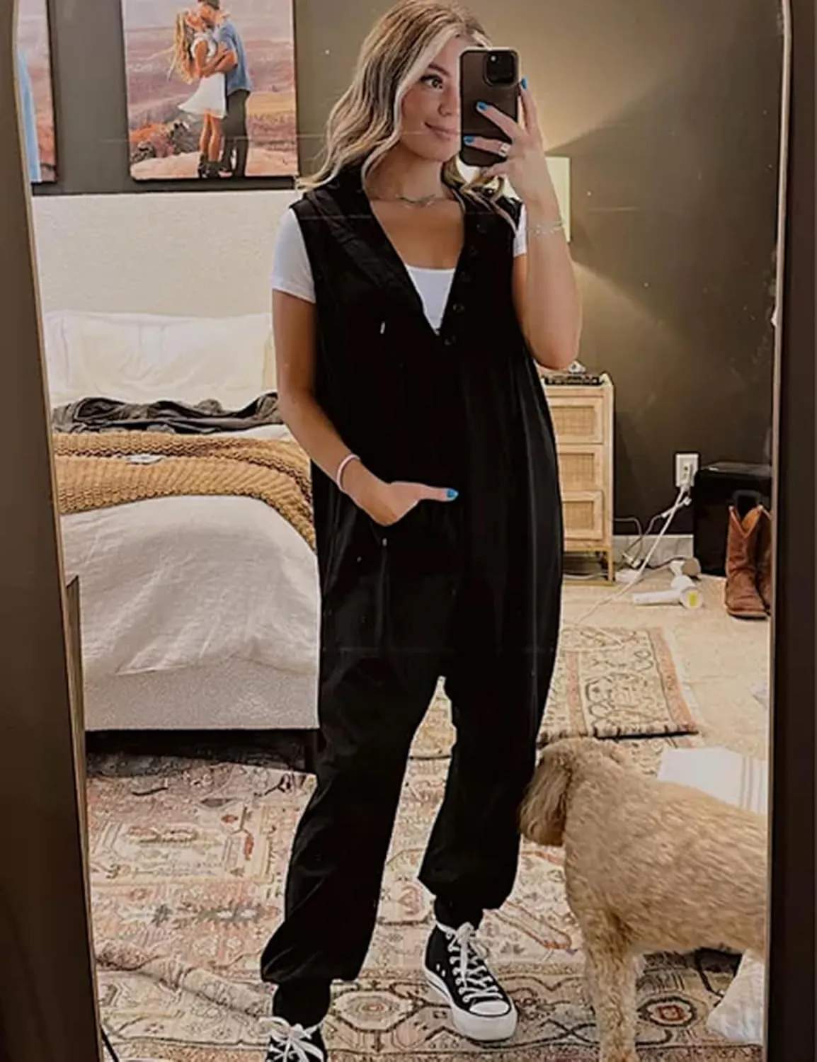 Tanming Hooded Jumpsuits for Women Casual Sleeveless Long Harem Pants Romper with Pockets