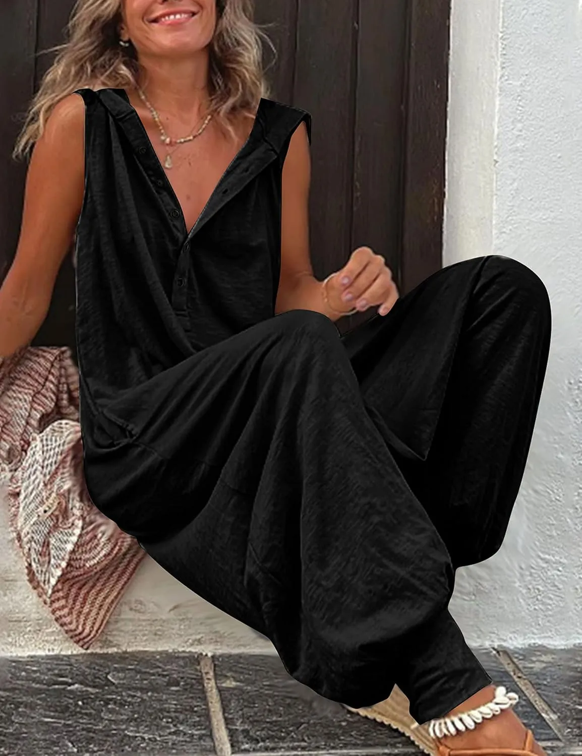 Tanming Hooded Jumpsuits for Women Casual Sleeveless Long Harem Pants Romper with Pockets