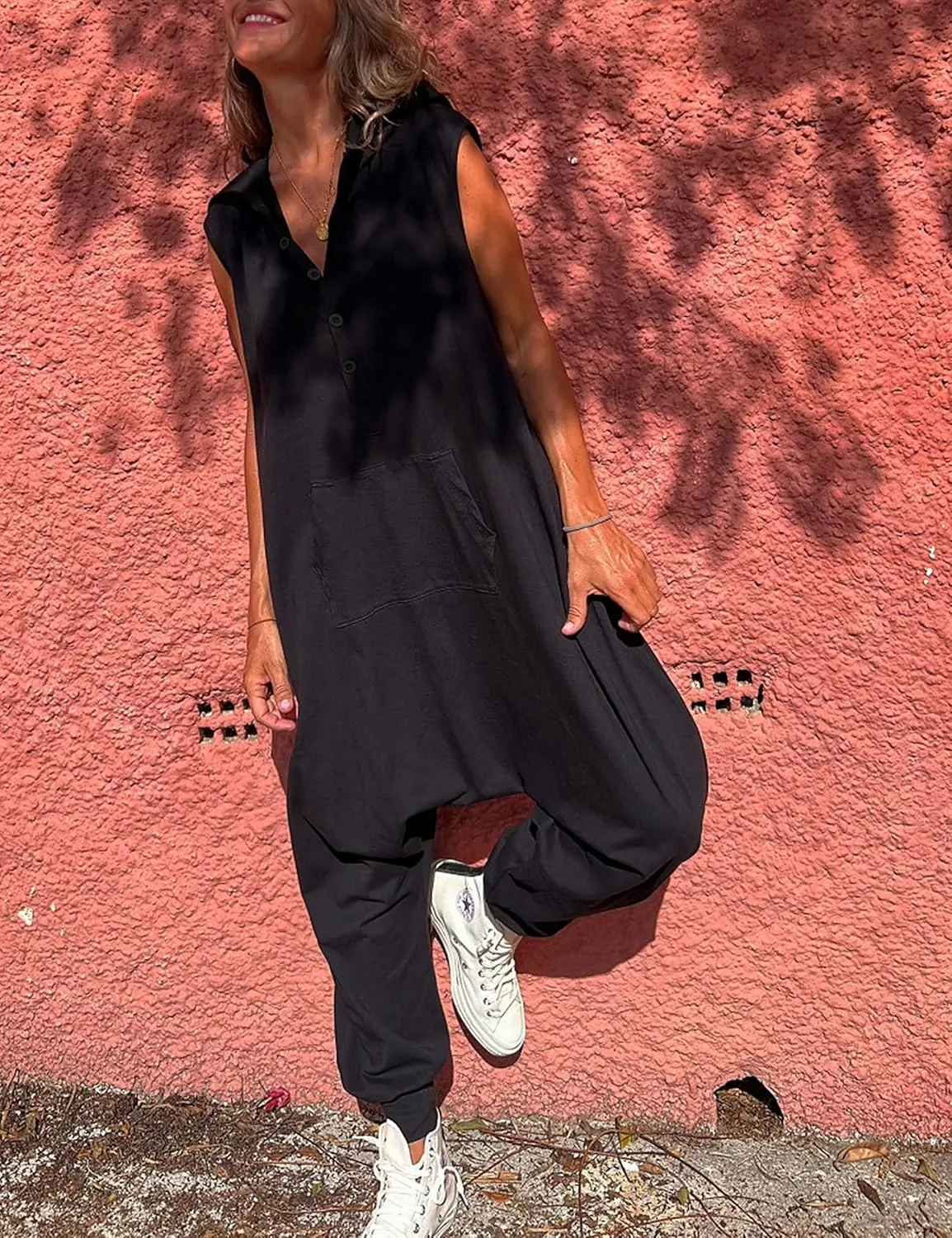 Tanming Hooded Jumpsuits for Women Casual Sleeveless Long Harem Pants Romper with Pockets