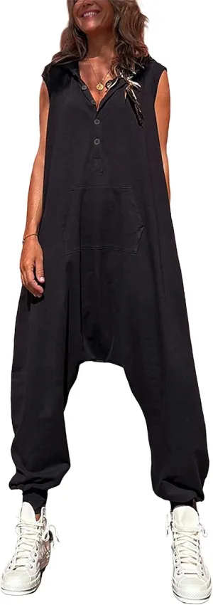 Tanming Hooded Jumpsuits for Women Casual Sleeveless Long Harem Pants Romper with Pockets