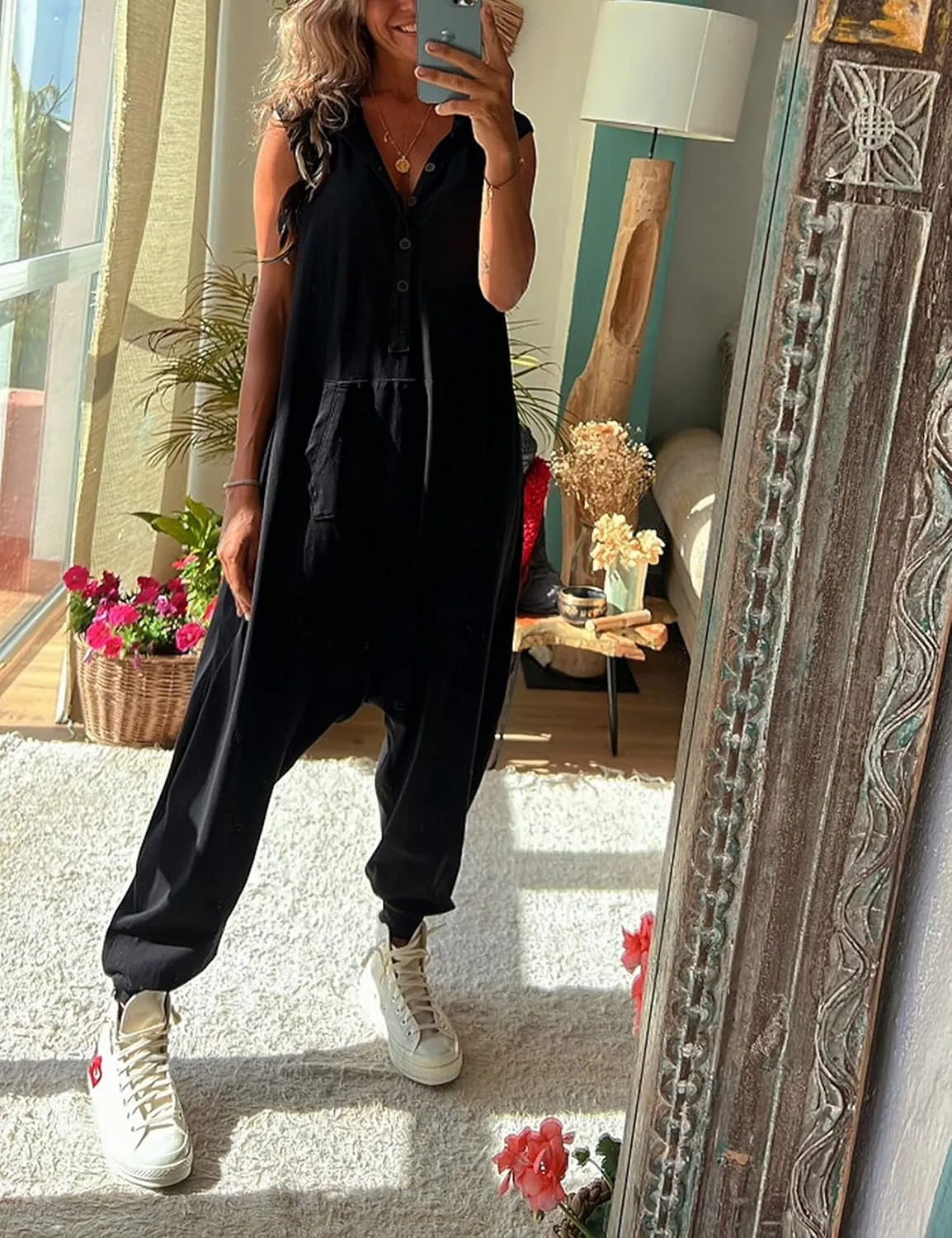Tanming Hooded Jumpsuits for Women Casual Sleeveless Long Harem Pants Romper with Pockets