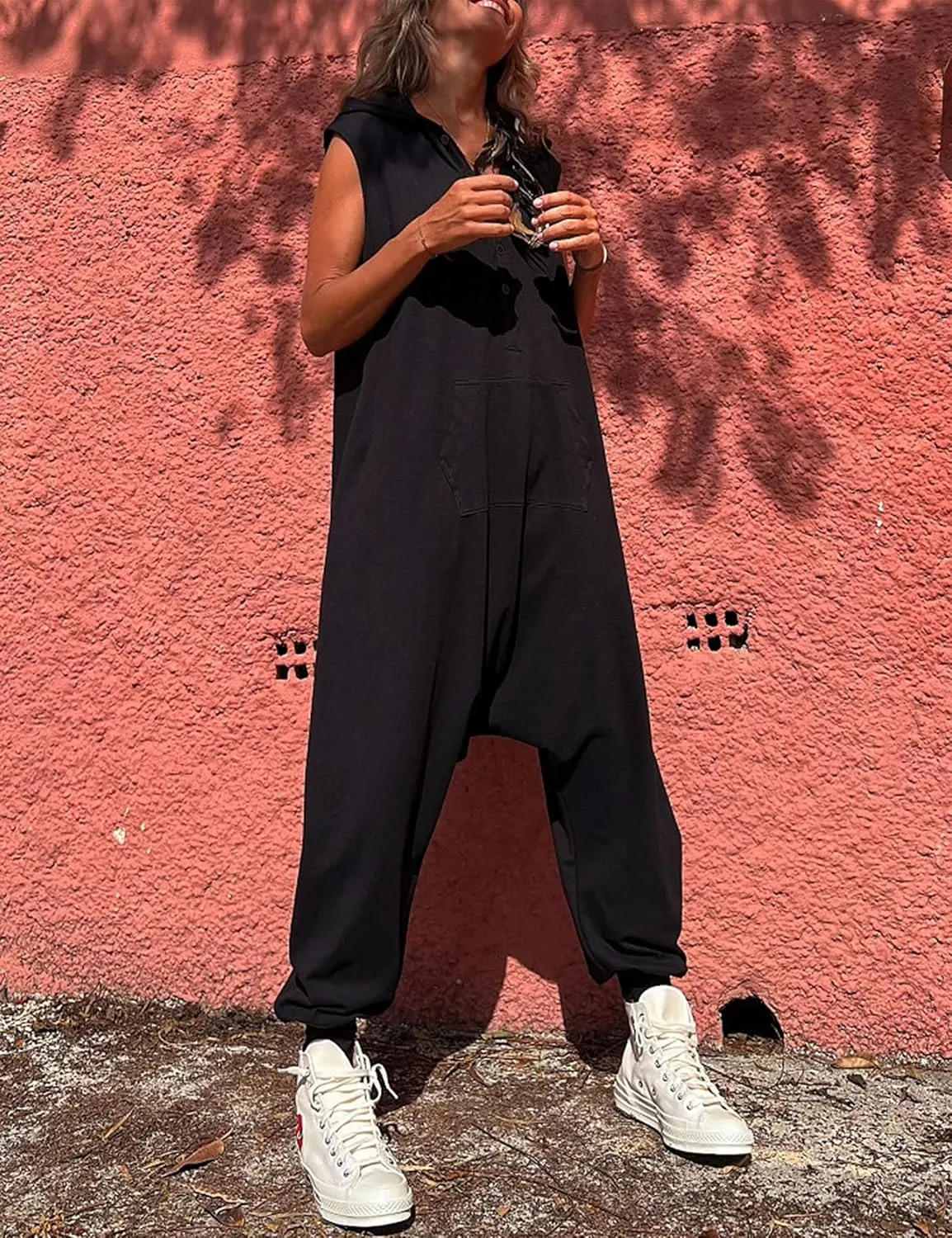 Tanming Hooded Jumpsuits for Women Casual Sleeveless Long Harem Pants Romper with Pockets