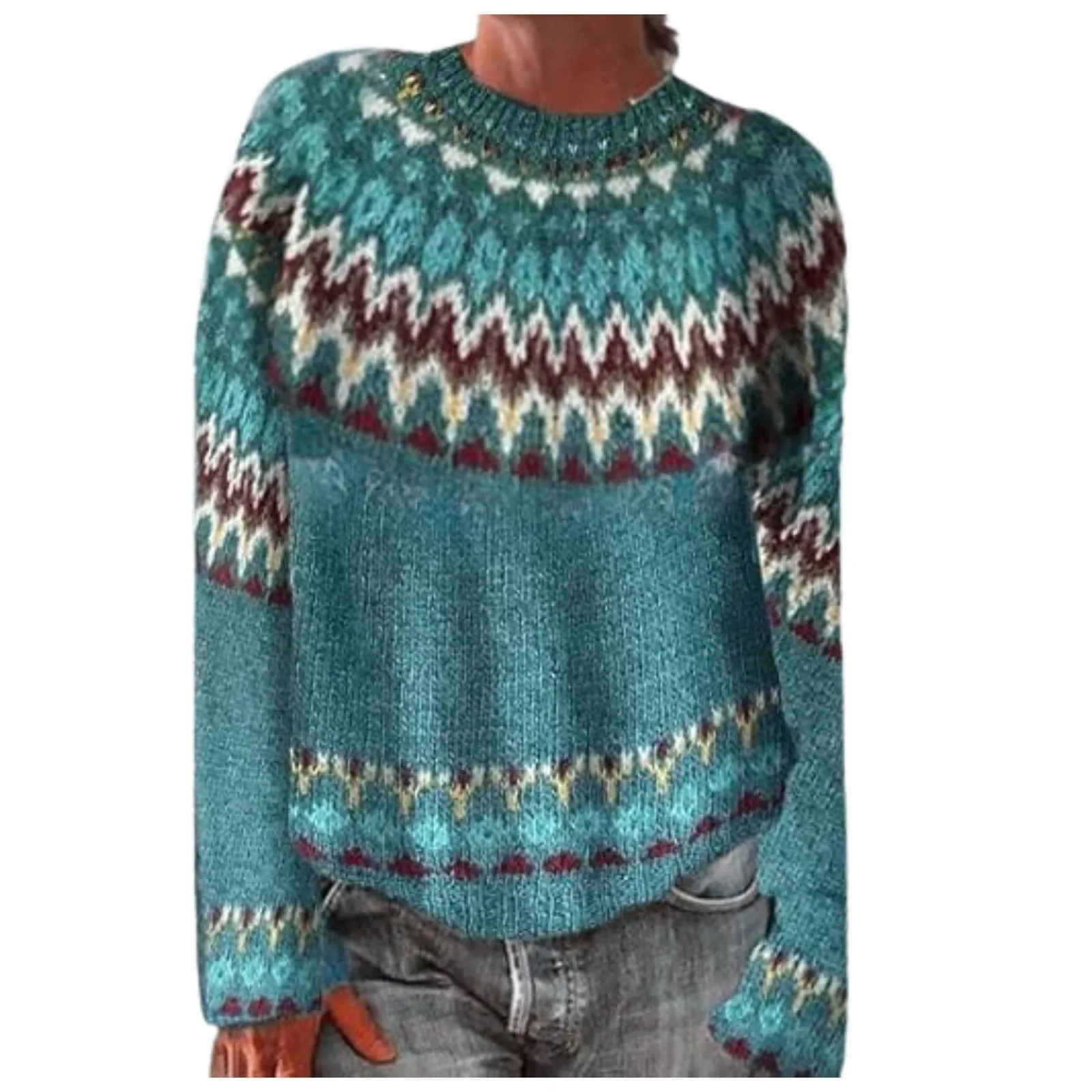 Winter Fall Wave Print Vintage Casual Loose Long Sleeve Knitted Sweater