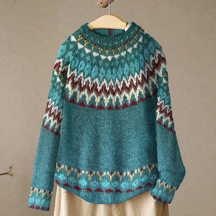 Winter Fall Wave Print Vintage Casual Loose Long Sleeve Knitted Sweater