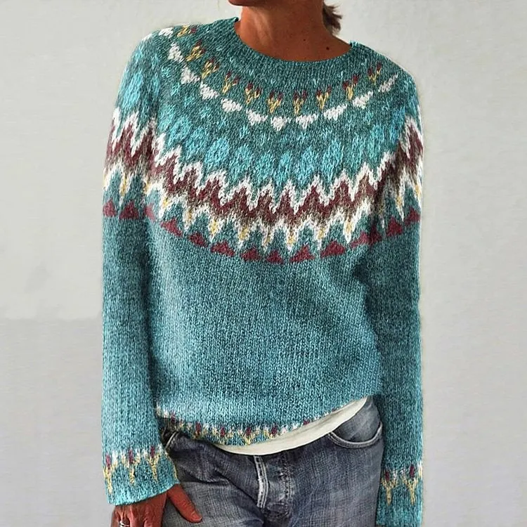 Winter Fall Wave Print Vintage Casual Loose Long Sleeve Knitted Sweater