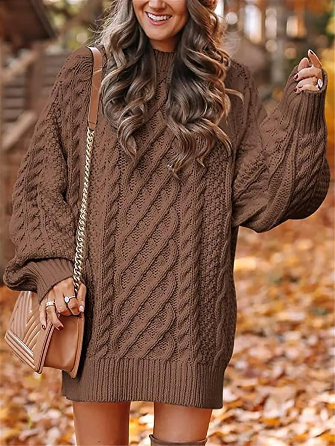 Women 2023 Fall Crew Neck Long Sleeve Pullover Sweaters Oversized Cable Knit Chunky Loose Short Sweater Dresses