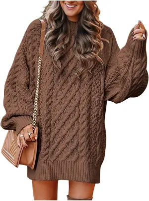 Women 2023 Fall Crew Neck Long Sleeve Pullover Sweaters Oversized Cable Knit Chunky Loose Short Sweater Dresses
