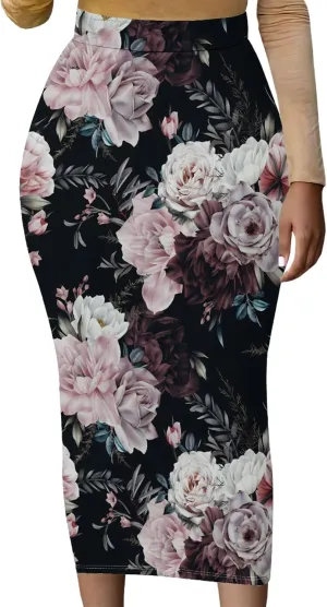 Women Bodycon Vintage Print Midi Skirt High Waist Sexy Pencil Skirt