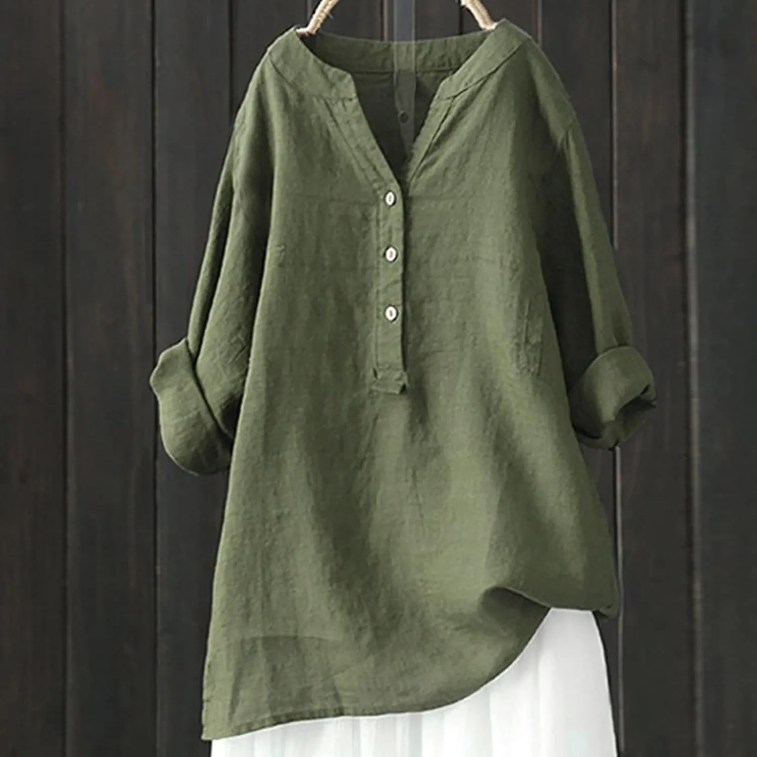 Womens Cotton Linen Shirts Solid 3/4 Sleeve Tunic Tops Oversized Tshirts Casual V Neck Dressy Blouses