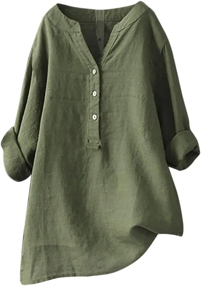 Womens Cotton Linen Shirts Solid 3/4 Sleeve Tunic Tops Oversized Tshirts Casual V Neck Dressy Blouses