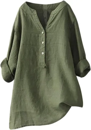 Womens Cotton Linen Shirts Solid 3/4 Sleeve Tunic Tops Oversized Tshirts Casual V Neck Dressy Blouses