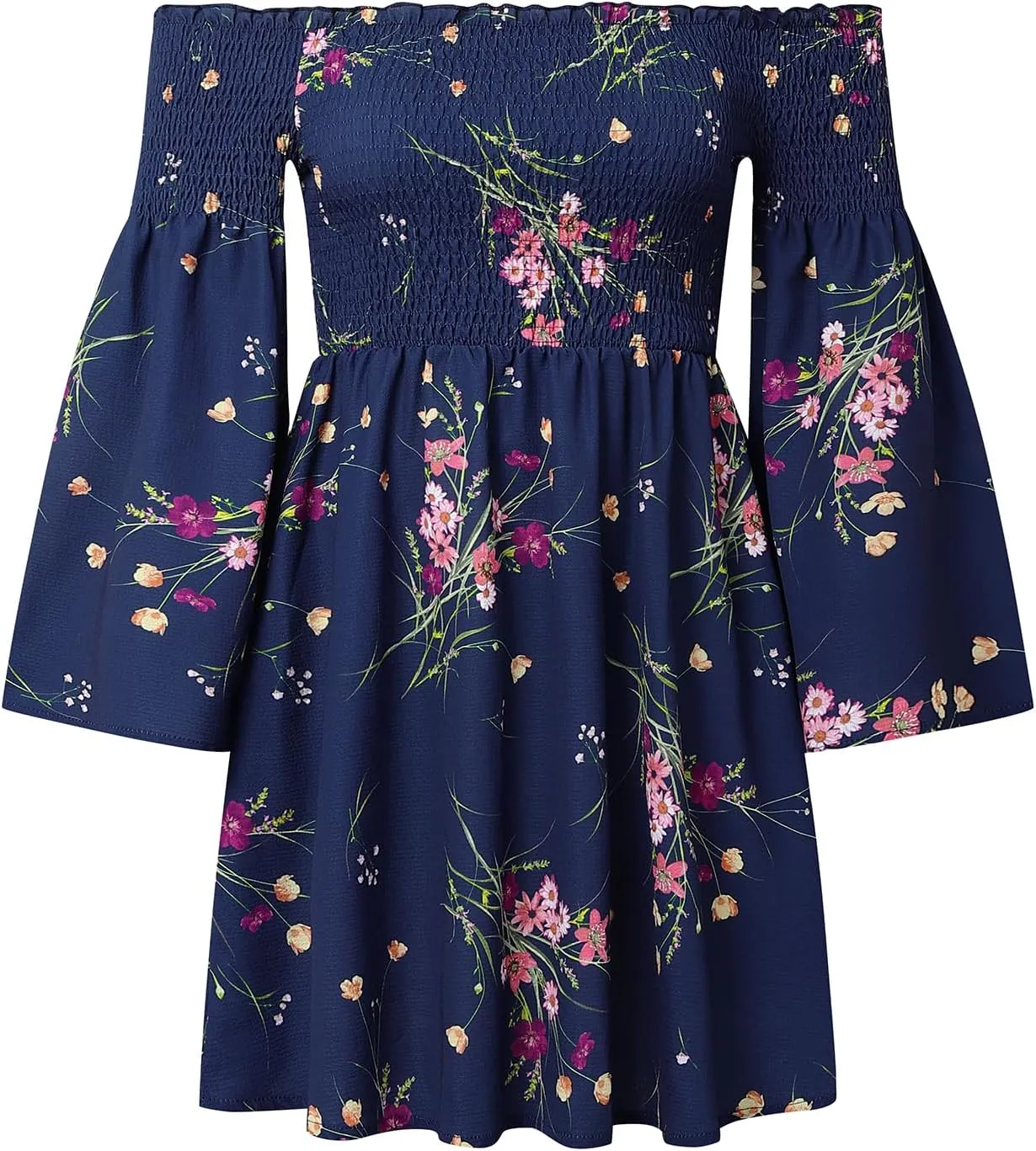 Women's Dress Summer Floral Long Sleeve Off Shoulder Casual Mini Dresses