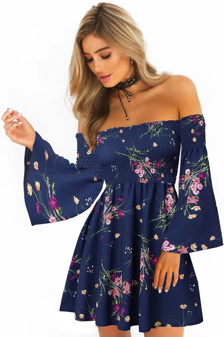Women's Dress Summer Floral Long Sleeve Off Shoulder Casual Mini Dresses