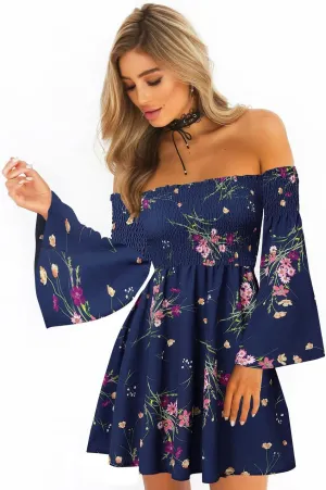 Women's Dress Summer Floral Long Sleeve Off Shoulder Casual Mini Dresses