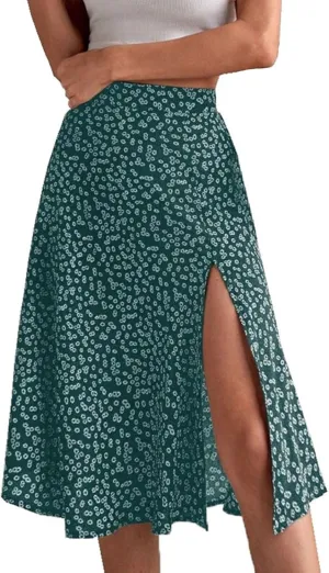 Womens Floral Midi Skirts Summer Print Elastic High Waisted Split Hem Skorts Fashion Flowy Tunic A Line Skirts 2025