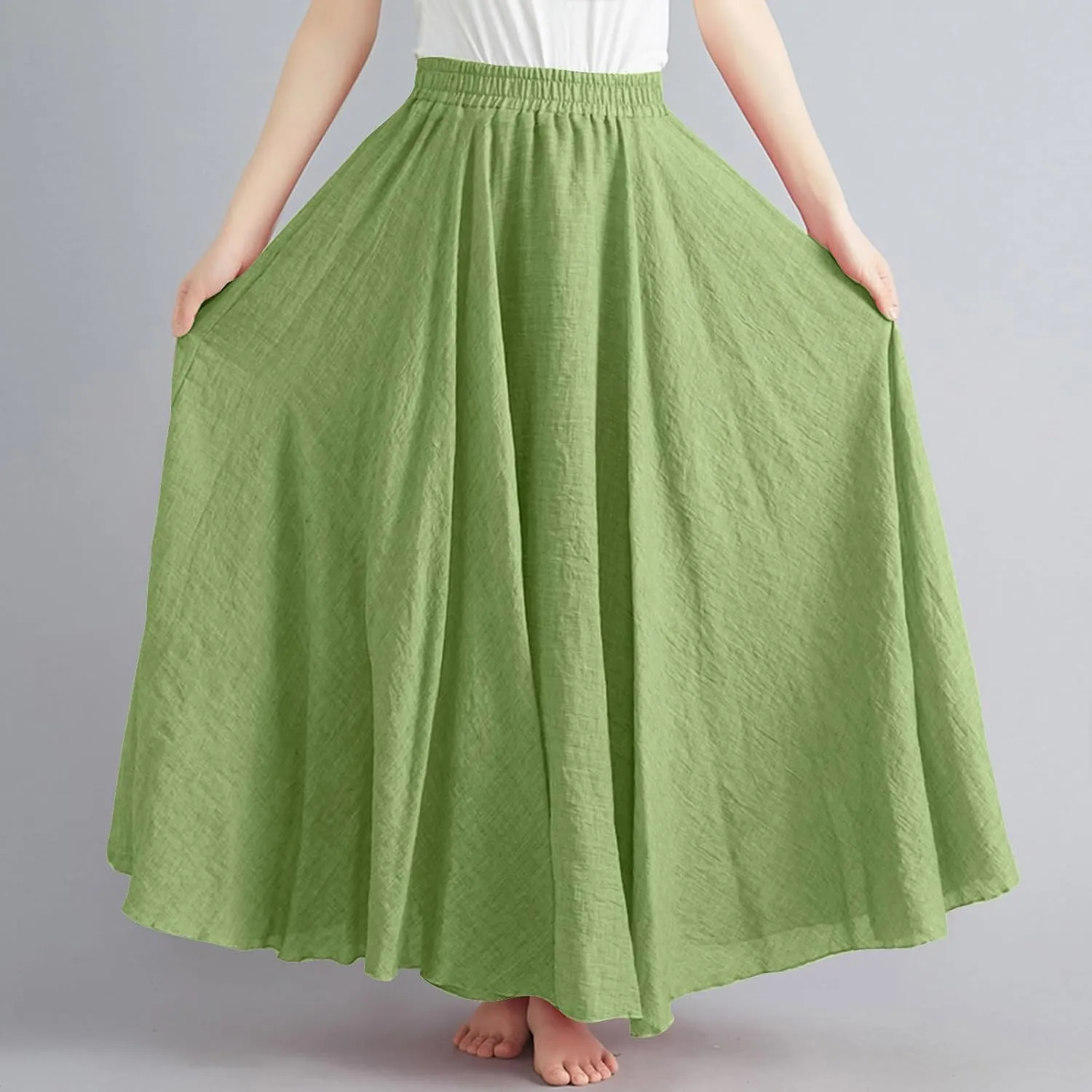 Women's Linen Maxi Skirts High Waist Ankle Length Skirt Solid Color Loose Casual Skirt Summer Flowy Long Skirts